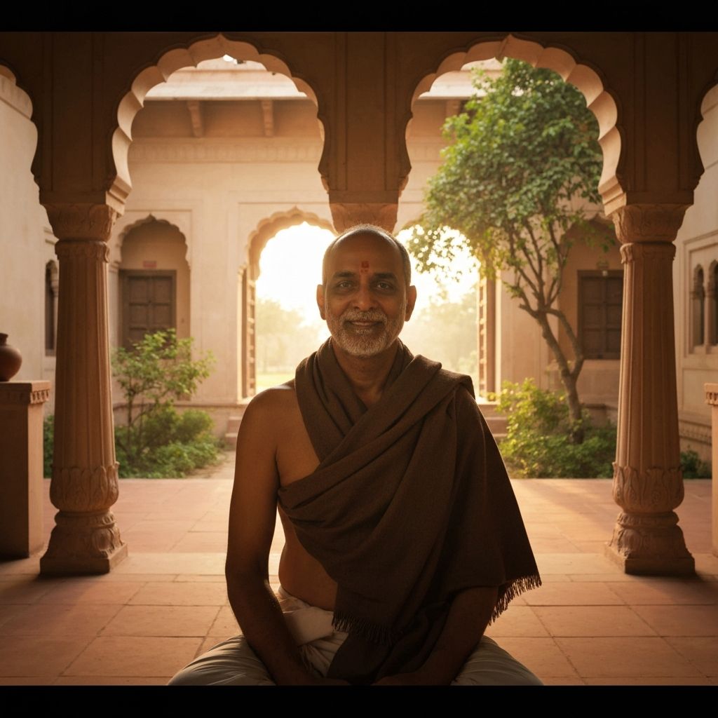 Indian yoga guru in padmasana at an ashram courtyard